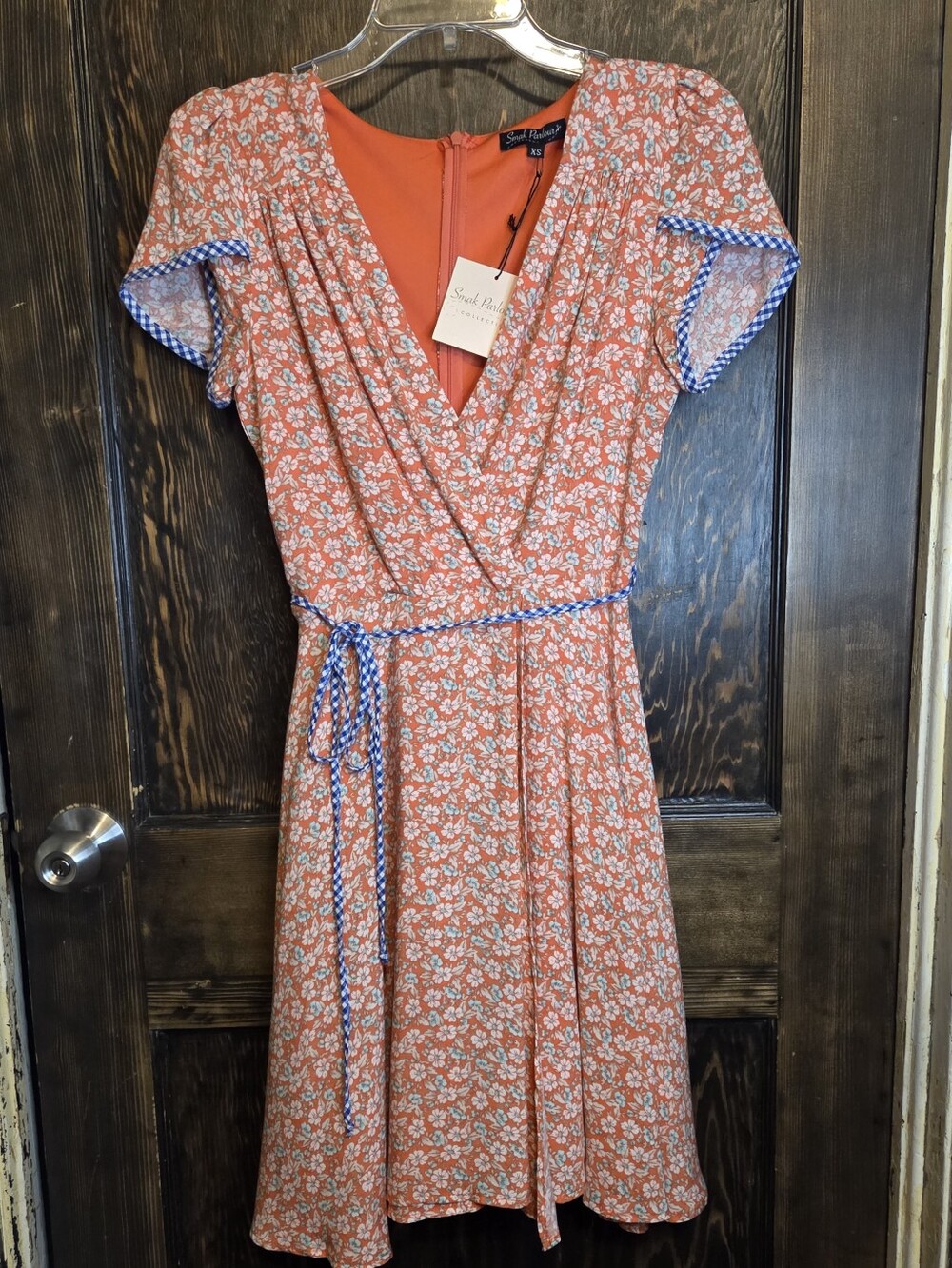 NWT Smack Parlor Coral Floral Faux Wrap Dress with Blue Gingham Trim